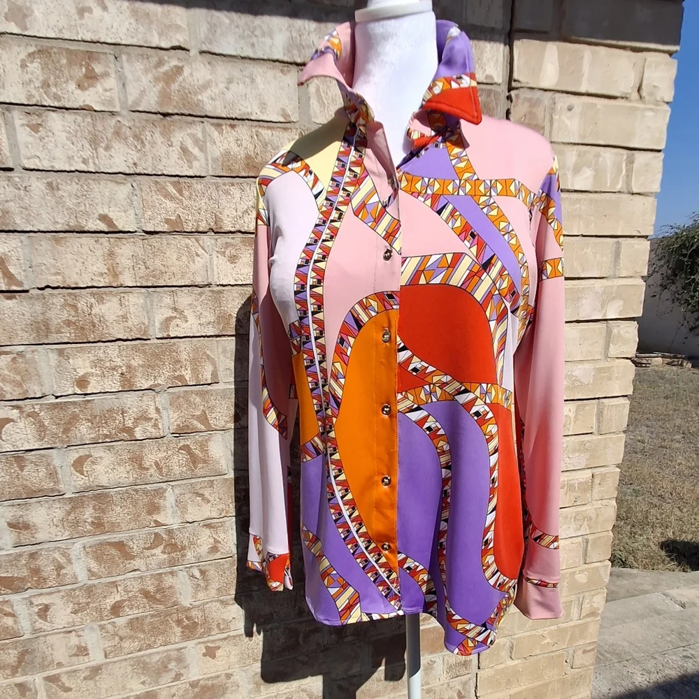 Julian Chang Designer Multicolor  Button-up Long Sleeve Blouse Women Size Medium - Picture 4 of 15